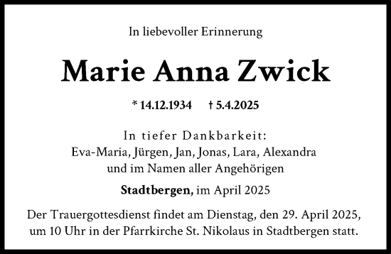 Traueranzeige von Marie Anna Zwick von Augsburger Allgemeine