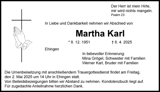 Traueranzeige von Martha Karl von Rieser Nachrichten