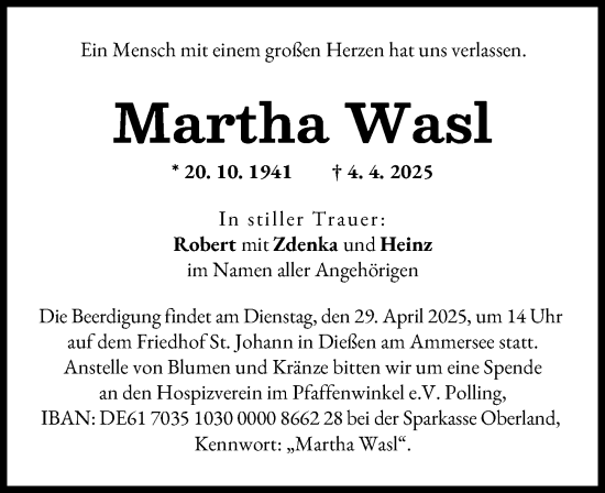 Traueranzeige von Martha Wasl von Ammersee Kurier
