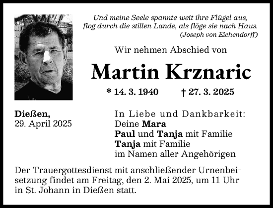 Traueranzeige von Martin Krznaric von Ammersee Kurier
