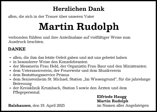 Traueranzeige von Martin Rudolph von Landsberger Tagblatt, Mittelschwäbische Nachrichten
