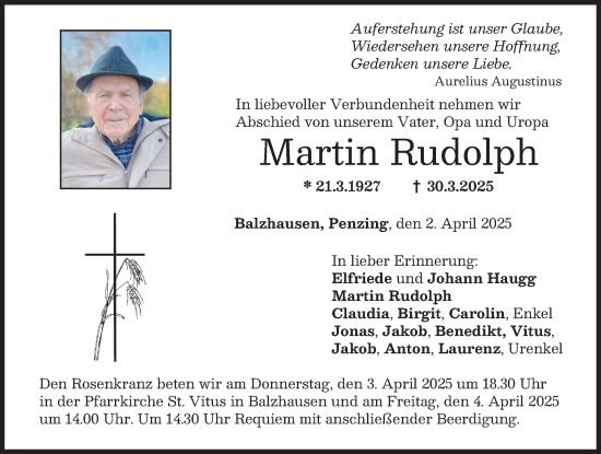 Traueranzeige von Martin Rudolph von Landsberger Tagblatt, Mittelschwäbische Nachrichten