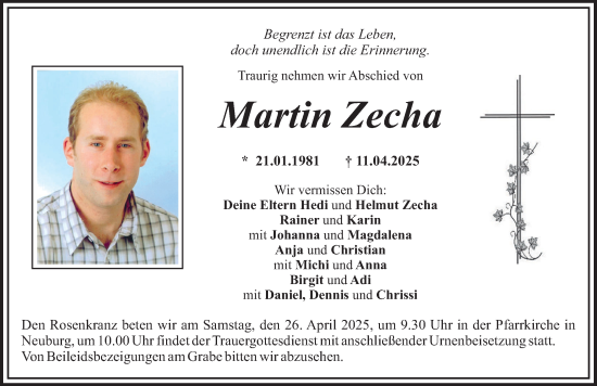 Traueranzeige von Martin Zecha von Mittelschwäbische Nachrichten