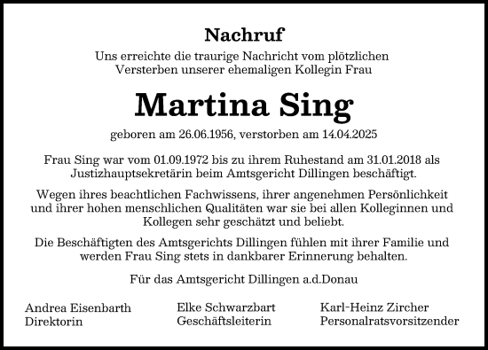 Traueranzeige von Martina Sing von Donau Zeitung