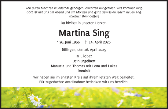 Traueranzeige von Martina Sing von Donau Zeitung