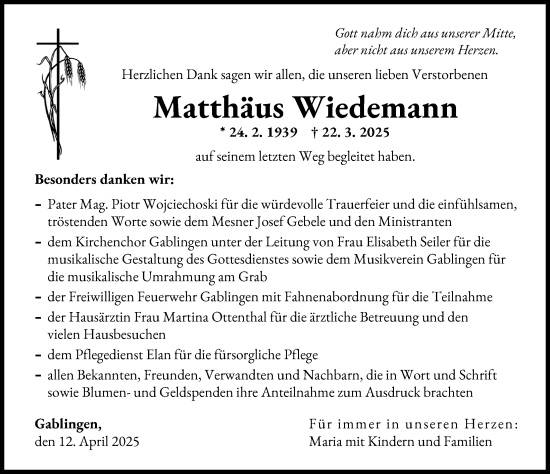 Traueranzeige von Matthäus Wiedemann von Augsburger Allgemeine