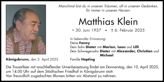 Traueranzeige von Matthias Klein von Augsburger Allgemeine