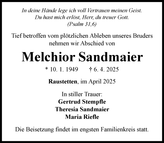 Traueranzeige von Melchior Sandmaier von Rieser Nachrichten