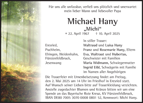 Traueranzeige von Michael Hany von Friedberger Allgemeine