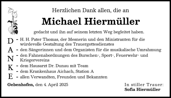 Traueranzeige von Michael Hiermüller von Aichacher Nachrichten