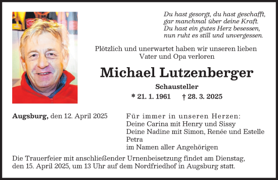 Traueranzeige von Michael Lutzenberger von Augsburger Allgemeine