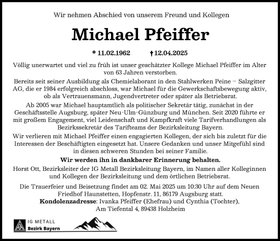 Traueranzeige von Michael Pfeiffer von Donau Zeitung, Augsburger Allgemeine
