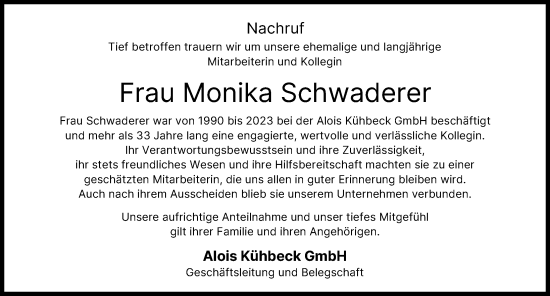 Traueranzeige von Monika Schwaderer von Donau Zeitung