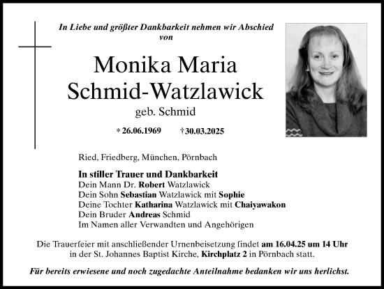 Traueranzeige von Monika Maria Schmid-Watzlawick von Friedberger Allgemeine