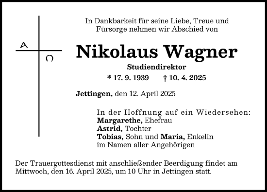 Traueranzeige von Nikolaus Wagner von Günzburger Zeitung