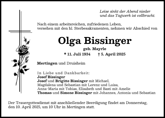 Traueranzeige von Olga Bissinger von Donauwörther Zeitung