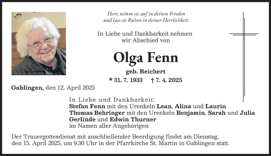 Traueranzeige von Olga Fenn von Augsburg-Land