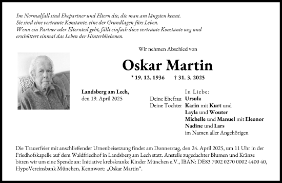 Traueranzeige von Oskar Martin von Landsberger Tagblatt
