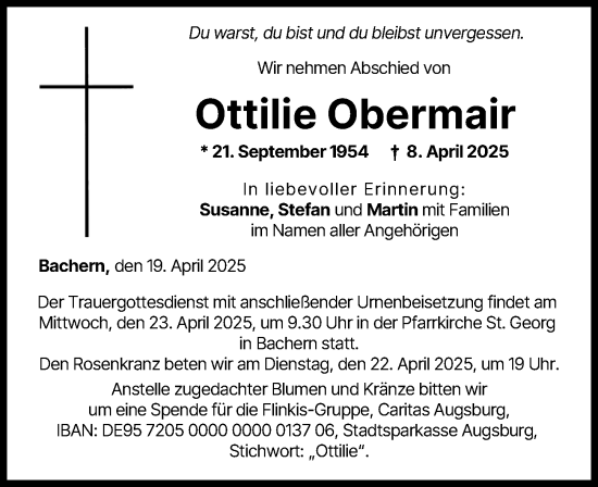 Traueranzeige von Ottilie Obermair von Friedberger Allgemeine