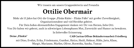 Traueranzeige von Ottilie Obermair von Friedberger Allgemeine