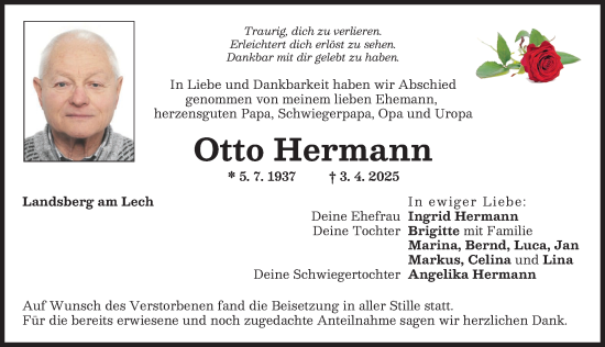 Traueranzeige von Otto Hermann von Landsberger Tagblatt