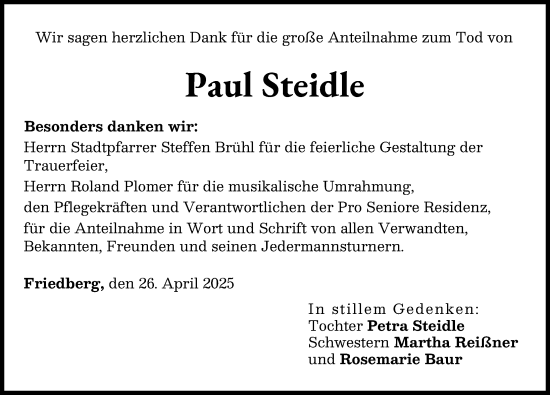 Traueranzeige von Paul Steidle von Friedberger Allgemeine