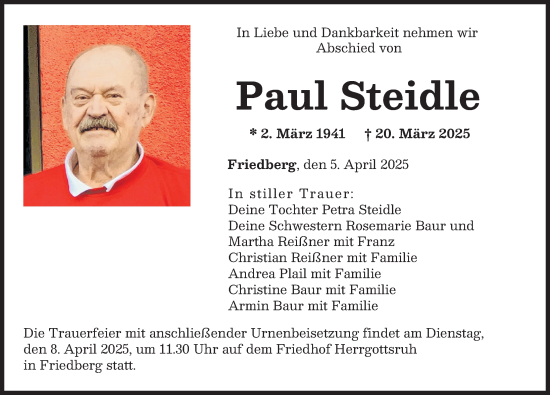 Traueranzeige von Paul Steidle von Augsburger Allgemeine, Friedberger Allgemeine