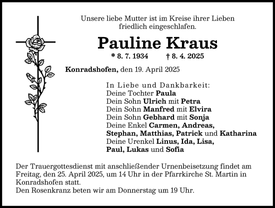 Traueranzeige von Pauline Kraus von Schwabmünchner Allgemeine