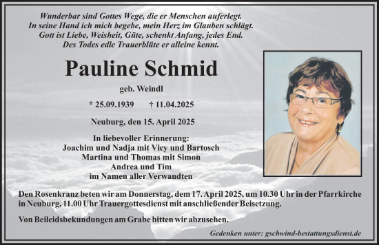 Traueranzeige von Pauline Schmid von Mittelschwäbische Nachrichten