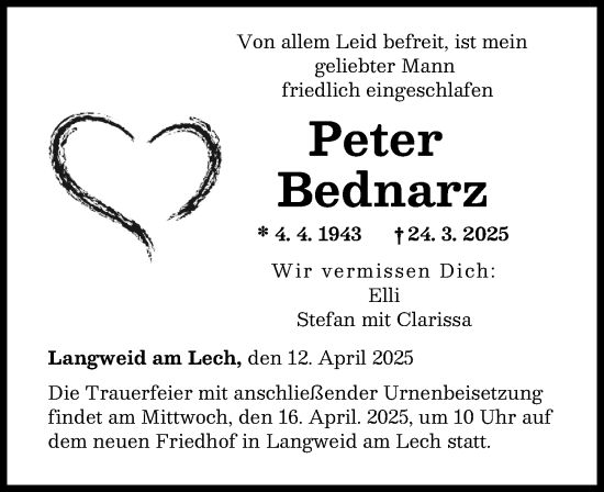 Traueranzeige von Peter Bednarz von Augsburger Allgemeine