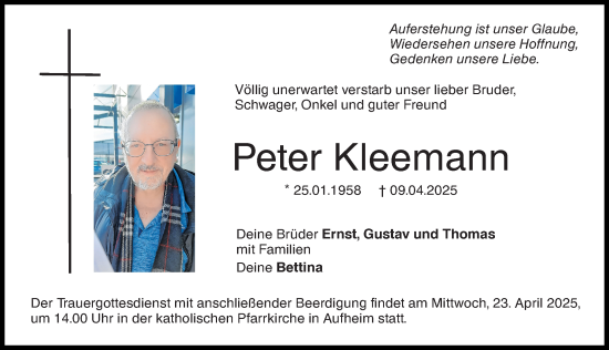 Traueranzeige von Peter Kleemann von Augsburger Allgemeine, Neu-Ulmer Zeitung