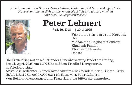 Traueranzeige von Peter Lehnert von Augsburger Allgemeine