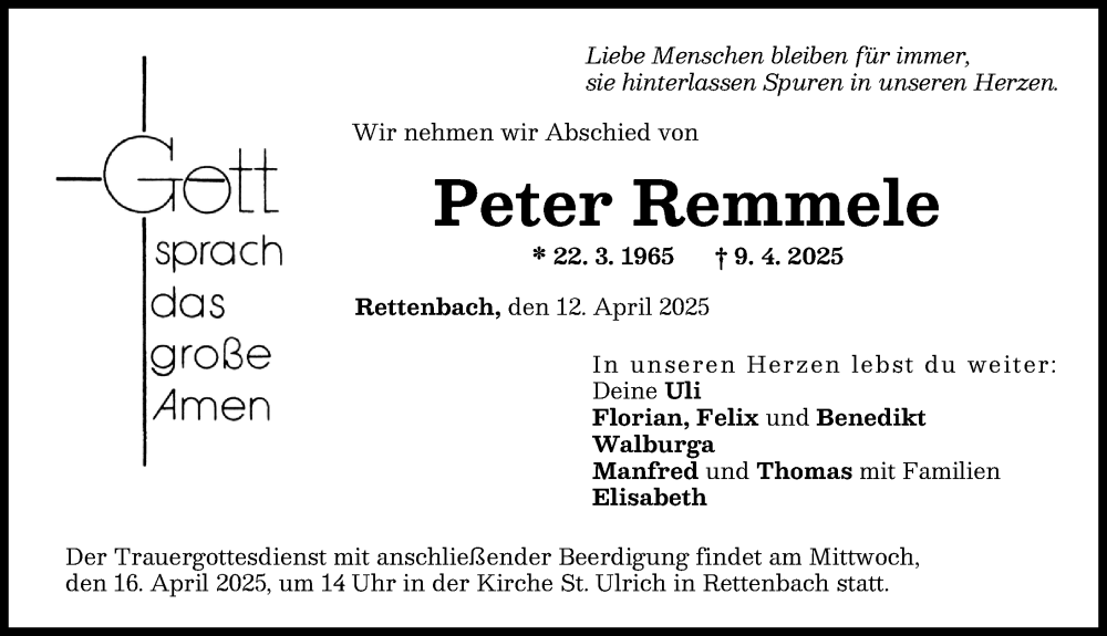  Traueranzeige für Peter Remmele vom 12.04.2025 aus Günzburger Zeitung