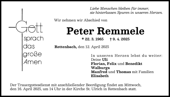 Traueranzeige von Peter Remmele von Günzburger Zeitung