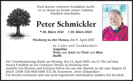 Traueranzeige von Peter Schmickler von Donauwörther Zeitung, Neuburger Rundschau