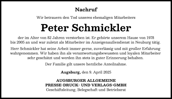 Traueranzeige von Peter Schmickler von Donauwörther Zeitung, Neuburger Rundschau