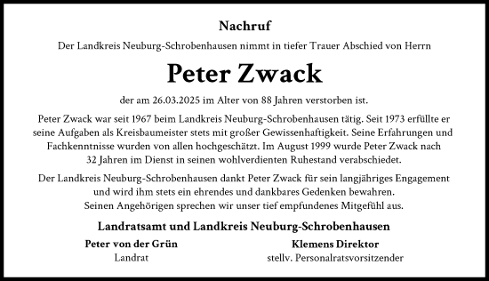Traueranzeige von Peter Zwack von Neuburger Rundschau