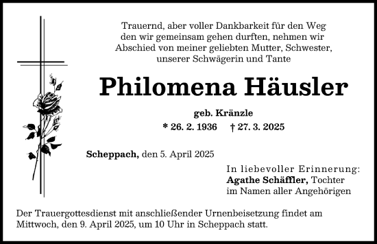 Traueranzeige von Philomena Häusler von Günzburger Zeitung