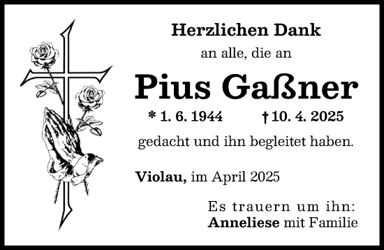 Traueranzeige von Pius Gaßner von Augsburg-Land