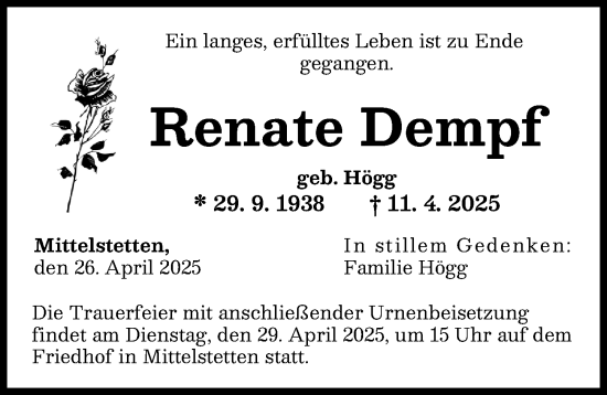 Traueranzeige von Renate Dempf von Schwabmünchner Allgemeine