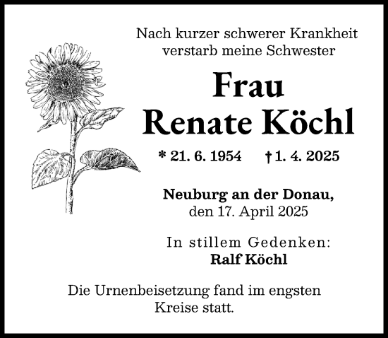Traueranzeige von Renate Köchl von Neuburger Rundschau