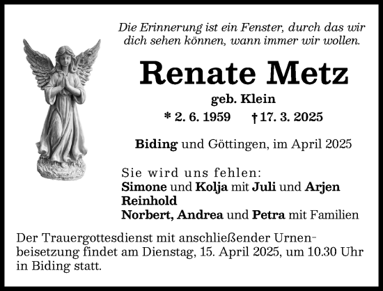 Traueranzeige von Renate Metz von Neuburger Rundschau
