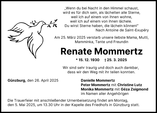 Traueranzeige von Renate Mommertz von Günzburger Zeitung