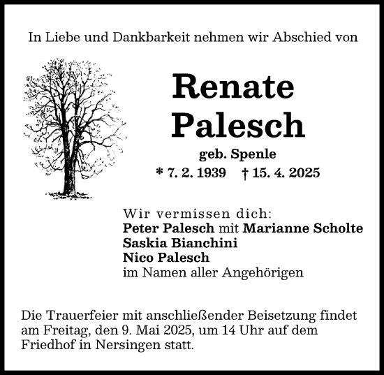 Traueranzeige von Renate Palesch von Neu-Ulmer Zeitung