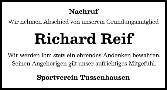 Traueranzeige von Richard Reif von Mindelheimer Zeitung