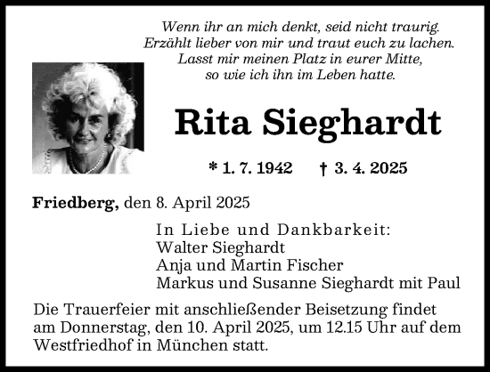 Traueranzeige von Rita Sieghardt von Friedberger Allgemeine, Augsburger Allgemeine
