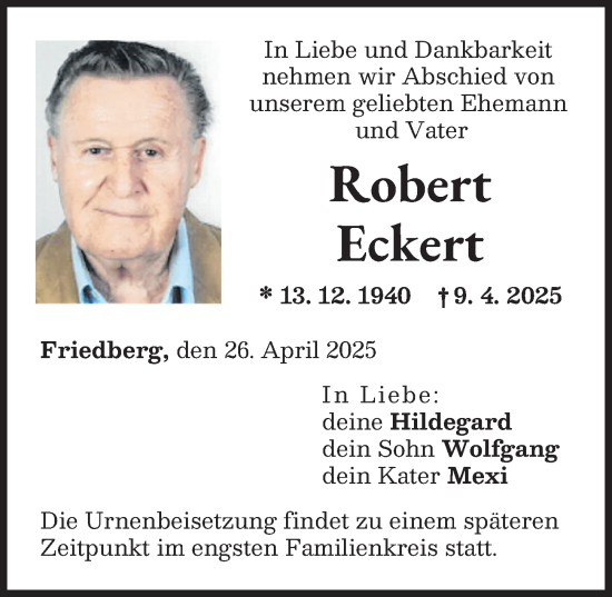 Traueranzeige von Robert Eckert von Friedberger Allgemeine