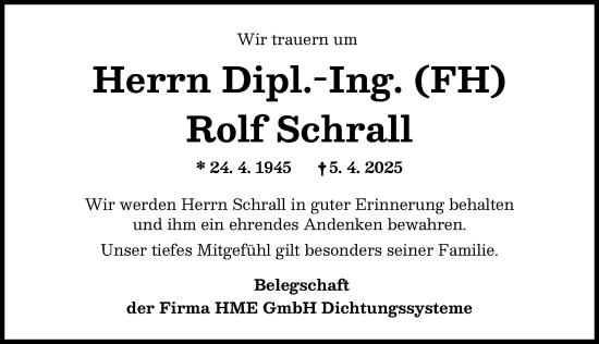 Traueranzeige von Rolf Schrall von Augsburger Allgemeine