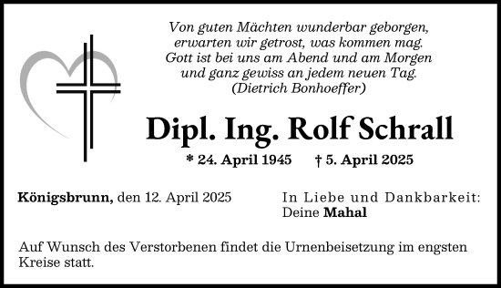 Traueranzeige von Rolf Schrall von Augsburger Allgemeine