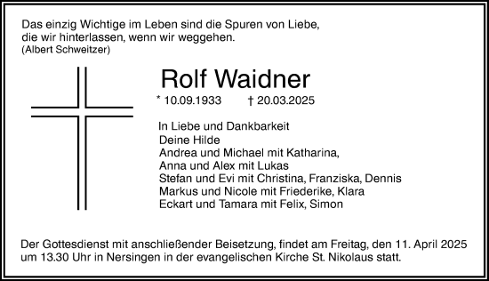 Traueranzeige von Rolf Waidner von Neu-Ulmer Zeitung